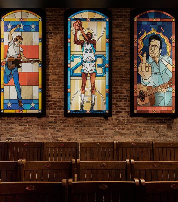 stained glass windows at Neon Steeple